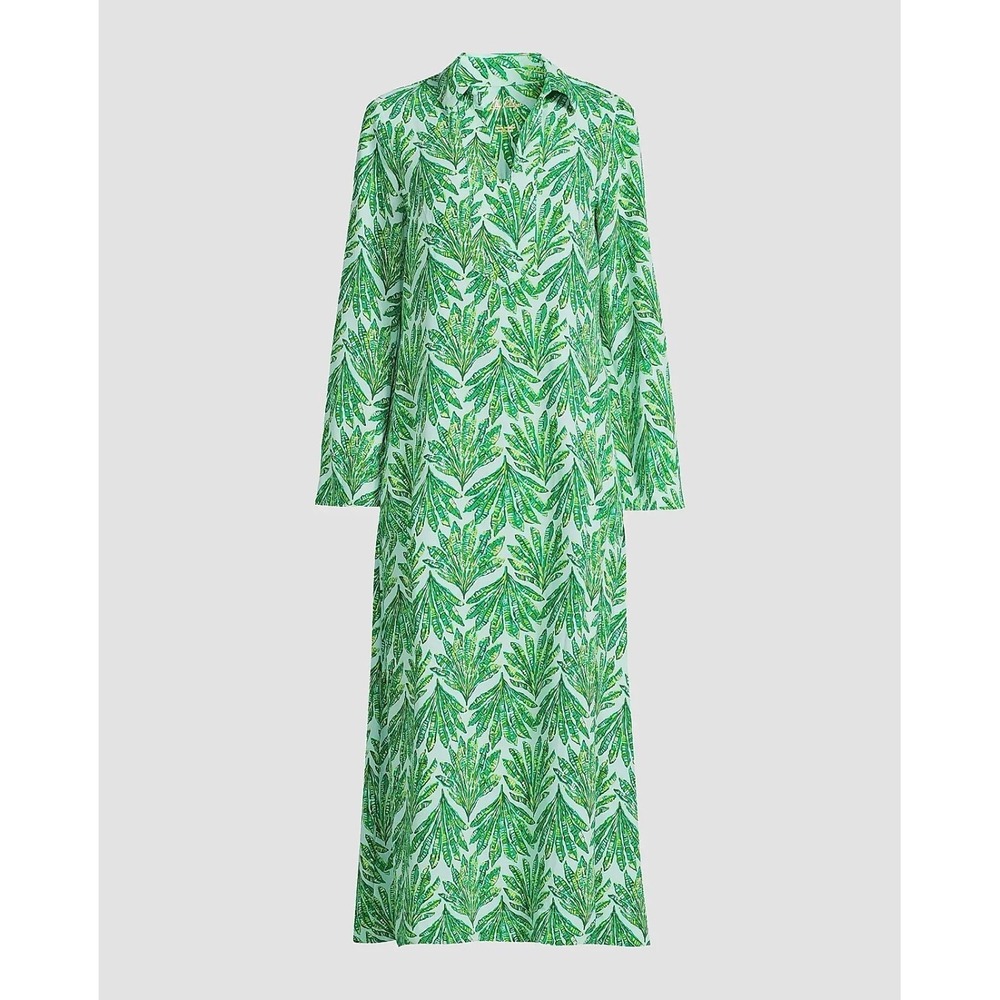 Lilly Pulitzer Green Palm Leaf Print Maxi Dress XS Long Sleeve Pockets V-Neck
